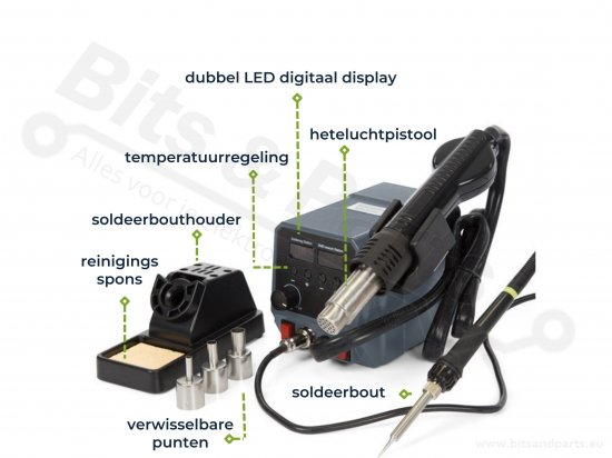 Adjustable 2-in-1 soldering station with 60W soldering iron and 300W hot ai